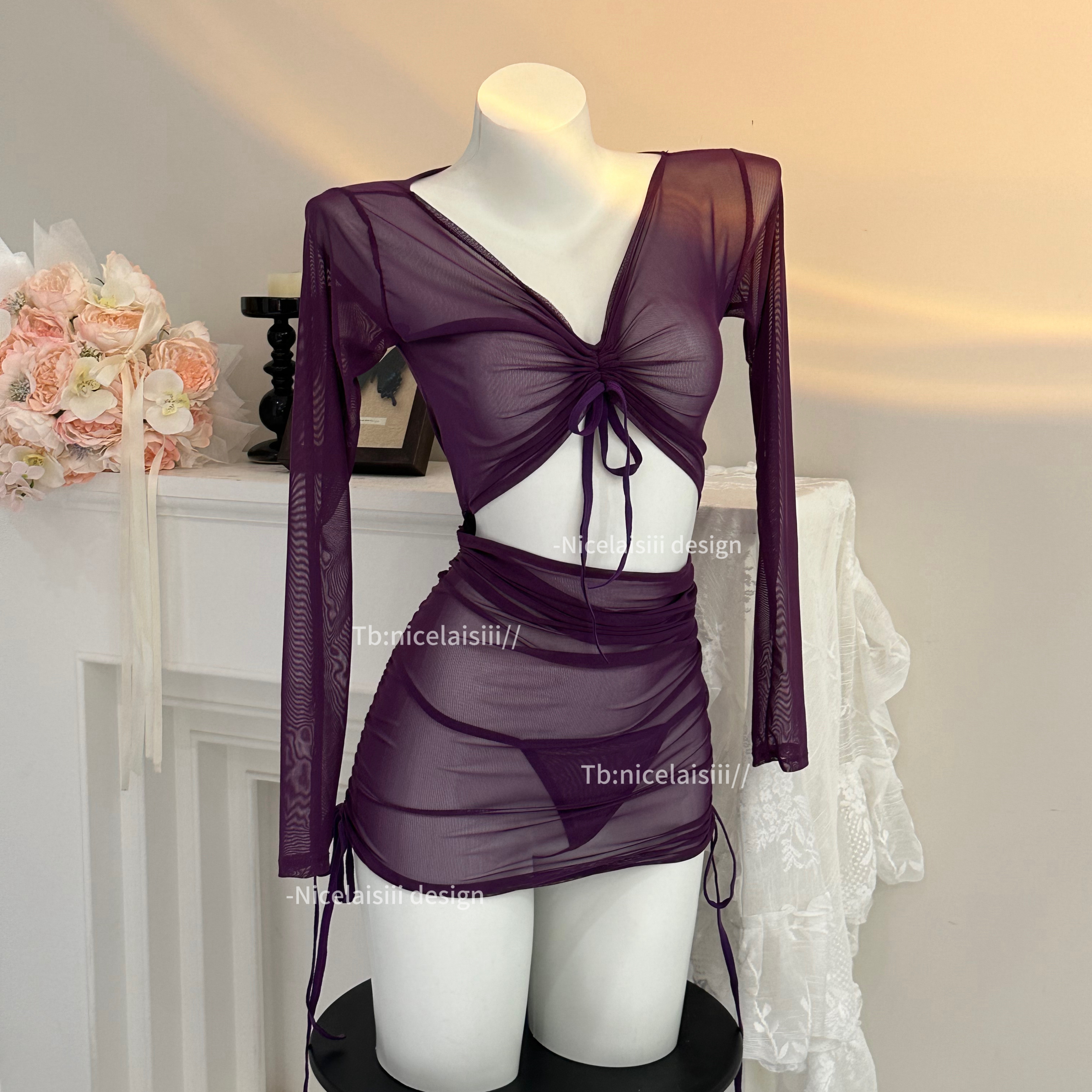 Nicelaisiii紫色姐姐 性感v领网纱透明睡裙显瘦包臀辣妹约会睡衣