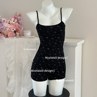Nicelaisiii黑茶 包臀家居服显瘦睡衣 纯欲碎花连体衣性感人棉修身