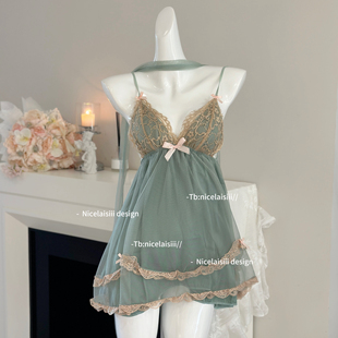 Nicelaisiii茉莉甜茶 带胸垫网纱蕾丝甜美吊带睡裙少女感家居睡衣