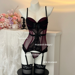 家居服 聚拢辣妹文胸套装 Nicelaisiii似梦 性感蕾丝带胸垫胸衣法式
