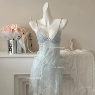 Nicelaisiii奶酥少女 蕾丝吊带睡裙性感聚拢钢托深v纯欲睡衣 法式
