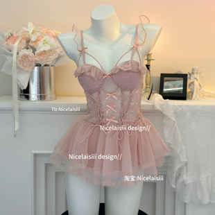 Nicelaisiii甜杏仁 蕾丝少女鱼骨胸衣蕾丝镂空蓬蓬裙性感内衣 法式