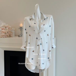 蝴蝶印花睡衣高级感慵懒宽松衬衫 长袖 裙女 法式 Nicelaisiii男友系