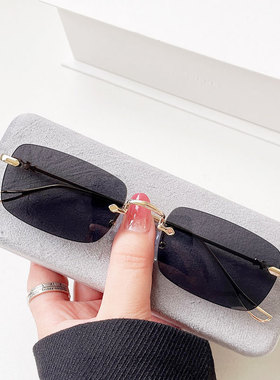 无边框眼镜男潮ins网红黄色太阳镜韩版复古长方形小框墨镜女圆脸