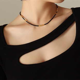 日韩极简气质锁骨链时尚百搭黑色皮绳小金珠网红小众设计感颈链