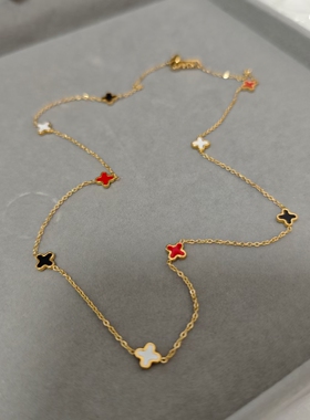 精致14K金色迷你彩色四叶草项链吊坠女高级感短款彩金锁骨链包邮