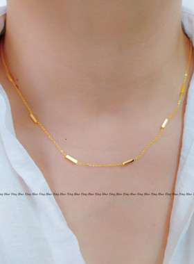 高级感超强保色 简约18K包金色长条方形小金块项链女节节高锁骨链