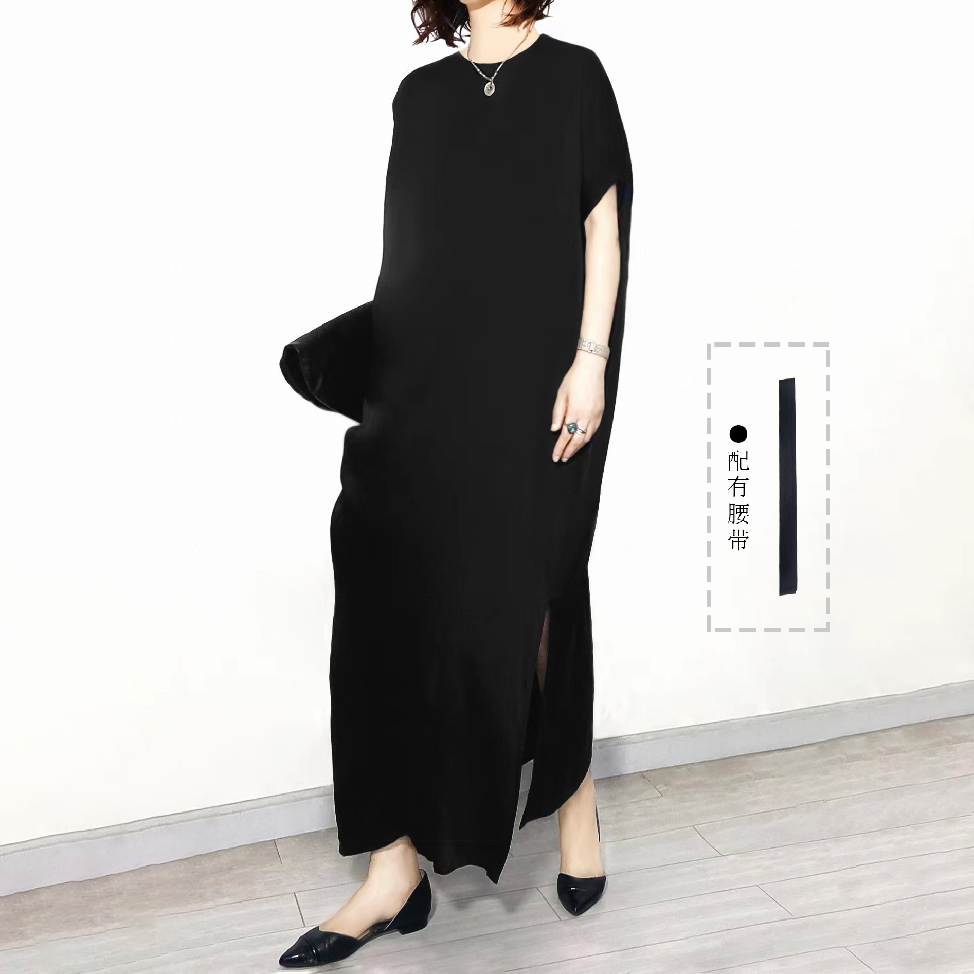 桑蚕丝素绉缎宽松H型黑色连衣裙