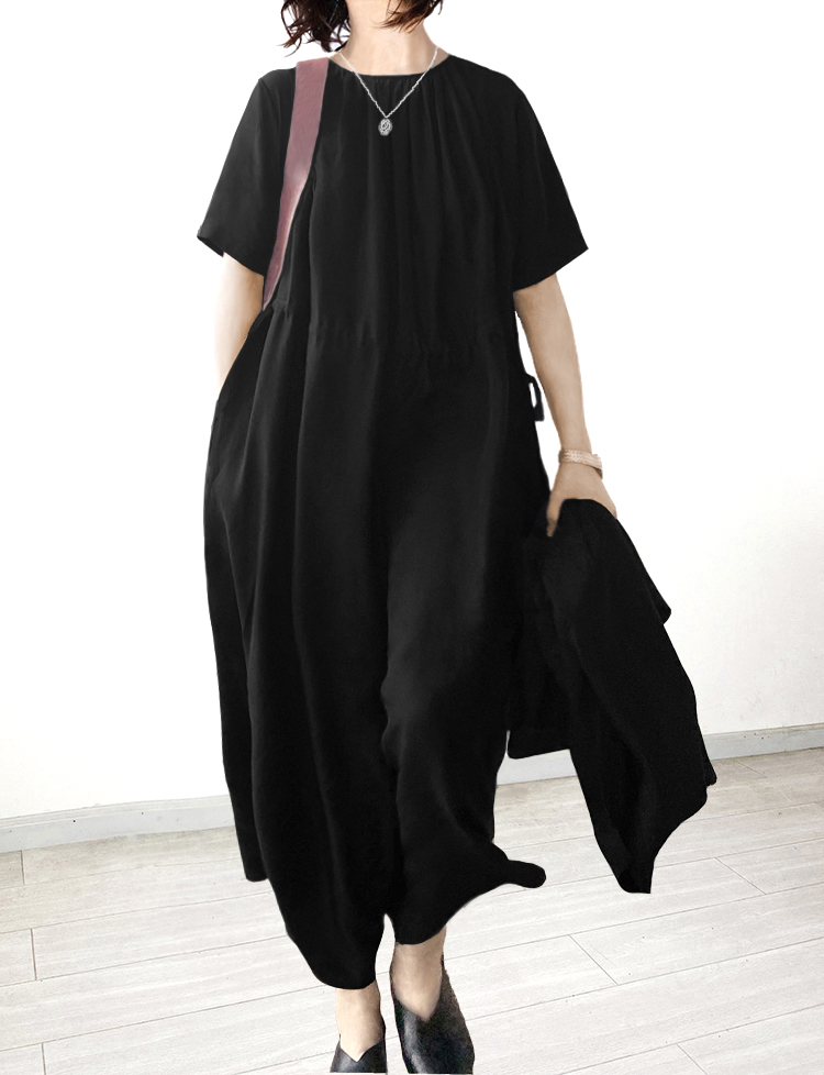 宽松褶皱真丝净面长款短袖连衣裙