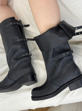 2025秋冬新款韩版大东门weare靴子方头粗跟增高牛皮骑士靴瘦瘦靴