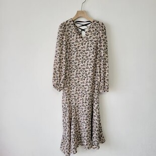 系带过膝大摆裙 暗底繁花穿搭V领碎花连衣裙女长袖 5款 日系春夏季