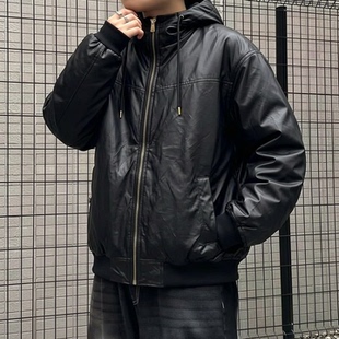 日单春秋季 黑色连帽机车皮衣PU皮男廓形拉链夹克外套街头风夹克男