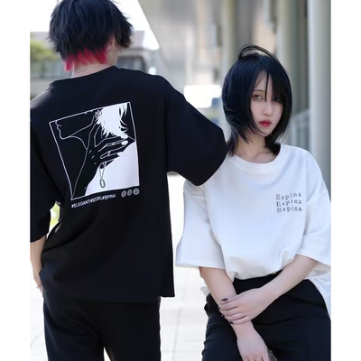 日单夏季情侣穿搭印花短袖T恤男女同款圆领宽松休闲上衣黑白潮流