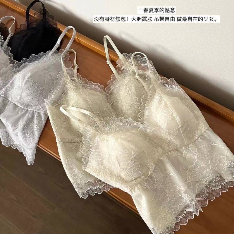 法式纯欲风蕾丝吊带背心固定杯美背内衣女夏季中长款外穿内搭抹胸
