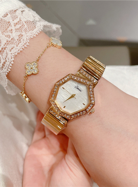 vintage复古宫廷风手表女几何形贝母面金色镶钻高颜值石英表 A249