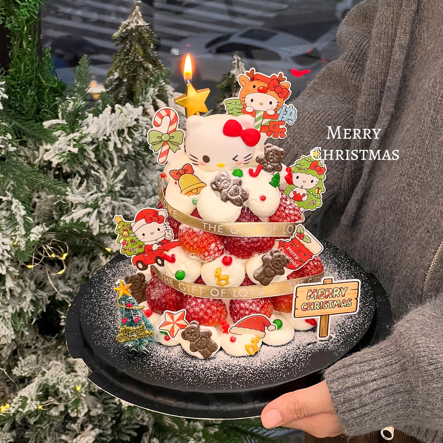 2025圣诞节草莓许愿树蛋糕装饰蝴蝶结kt猫摆件甜品烘焙插件配件