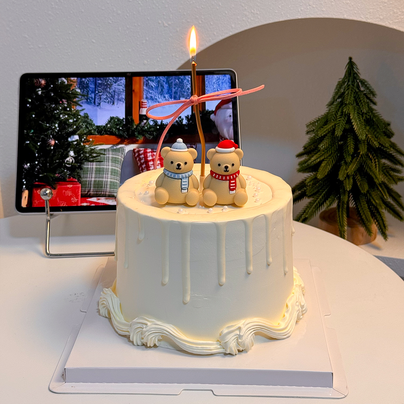 2025圣诞节ins蛋糕装饰立体围脖圣诞小熊摆件冬日圣诞生日装扮