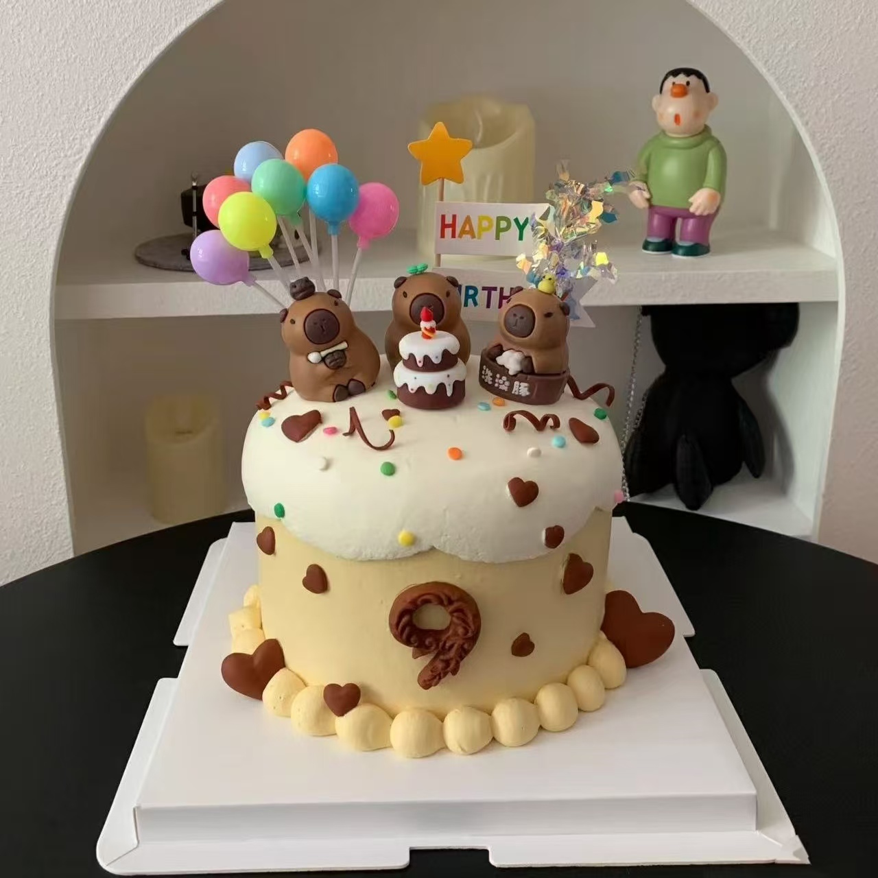 网红儿童生日蛋糕装饰洗澡摸鱼卡皮巴拉河豚插牌卡通水豚摆件烘焙