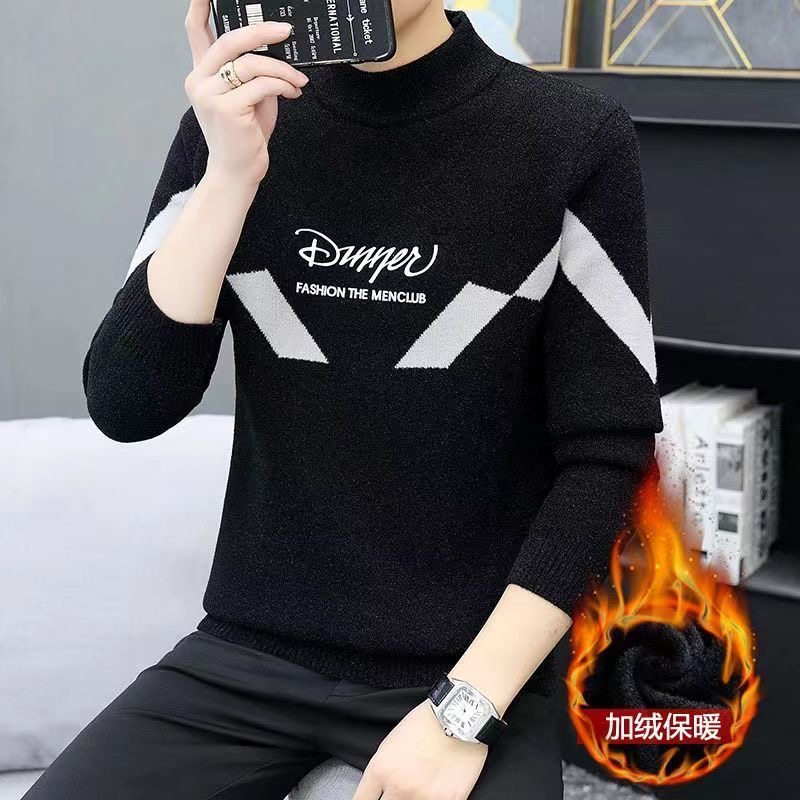 半高领+加绒+印花+潮流+保暖毛衣