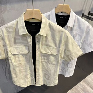 夏季 男士 宽松青年纯棉口袋舒适衬衣 衬衫 日系清新字母印花休闲短袖