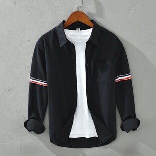 休闲白寸衫 日系潮流拼色长袖 春秋季 男士 青年文艺宽松纯棉衬衣 衬衫