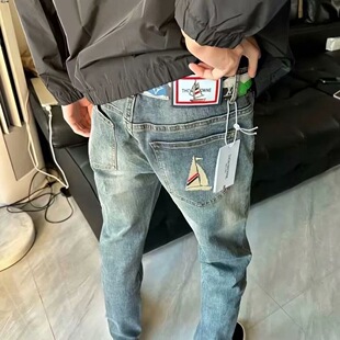网红同款TB帆船贴标刺绣轻奢牛仔裤男痞帅潮牌直筒小脚修身长裤男
