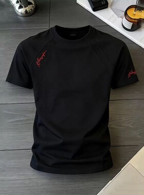 黑色字母刺绣T恤男夏季解构拼接正肩slimfit短袖cleanfit五分半袖