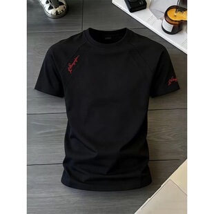黑色字母刺绣T恤男夏季解构拼接正肩slimfit短袖cleanfit五分半袖