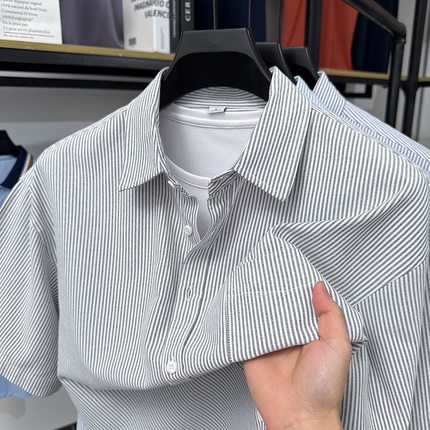 日系衬衫男短袖夏季潮牌简约设计感条纹宽松青少年半袖衬衣外套潮
