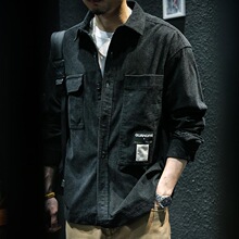 hiphop高街外套日系复古长袖衬衫男春秋冬潮牌工装华夫格重磅衬衣