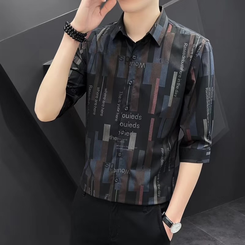 短袖衬衫男士夏季2023新款条纹薄款冰丝时尚无痕免烫七分袖男衬衣