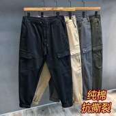 工装 男潮 纯棉腰部抽绳棉布耐脏耐磨透气防撕裂长裤 裤 男束脚九分裤