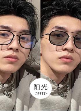 防蓝光眼镜双梁复古方框自动感光车内变色近视眼睛镜框男潮驾驶