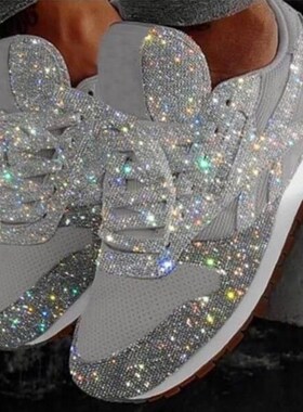 女鞋2020春秋新款wis亚马逊欧美亮片休闲鞋平底大码系带运动单鞋