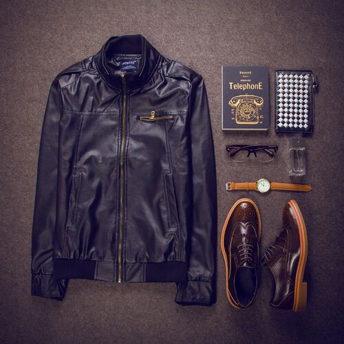 男士短款修身立领水洗机车皮衣夹克 men’s PU Leather jacket