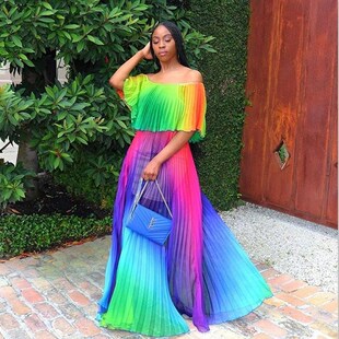 渐变百褶欧美性感连衣裙off shoulder pleated maxi dress women