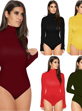 lady turtle bodysuits sleeve Jumpsuit 女高领连体衣打底衫暗扣