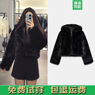 2025冬季新款女装甜美时尚人造毛皮短款长袖连帽夹克外套5854223