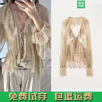 ZA家2026春夏新款限量款蕾丝荷叶边法式蝴蝶结设计感衬衫1063137