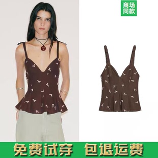 2025秋季新品女装收腰吊带露背短裙式刺绣上衣印花背心 0881011