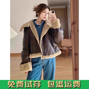 ZA秋冬新款女皮毛一体双面短款抓绒夹克外套皮衣 2969257 700