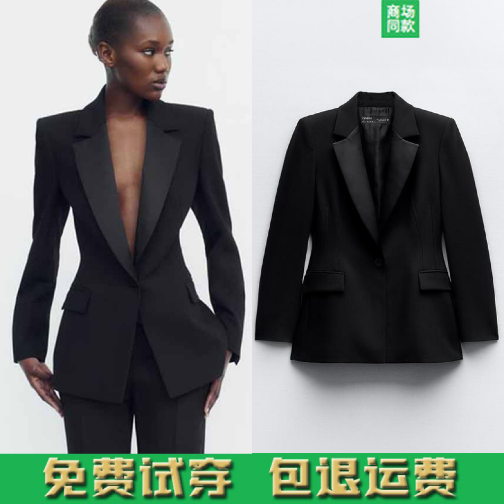 收腰缎质感拼接双襟修身西装外套