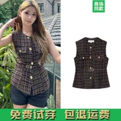 1165320 秋季 330 圆领无袖 纽扣腰带饰纹理背心马甲 新品 女装