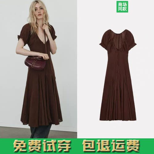 ZA家2026春夏新品法式蝴蝶结V领薄纱波浪式宽摆迷笛连衣裙0881344