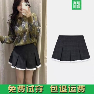 春秋新品女装 时尚辣妹风高腰A字型撞色格纹宽褶短款裙裤3152950