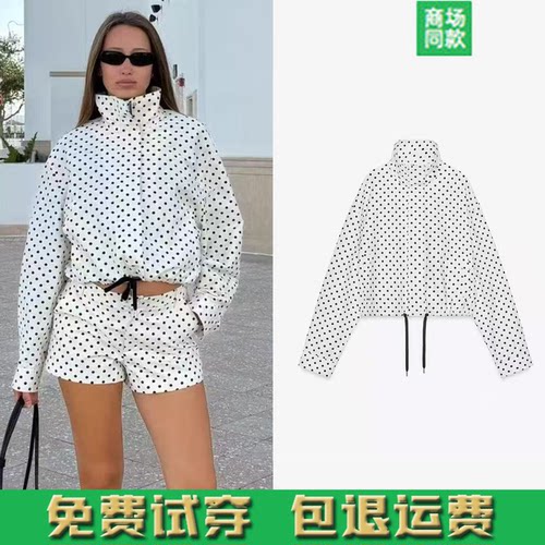 ZA秋季新品欧美风时尚抽绳波点宽松泡泡纱长袖夹克外套女 2010713