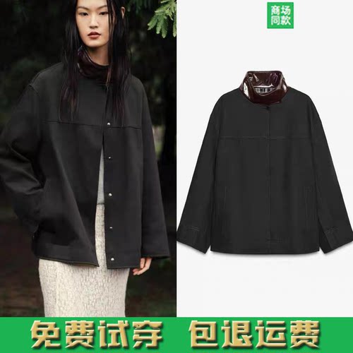 ZA家秋季新款女休闲宽松撞色高领格纹拼接夹克风衣外套 4369254
