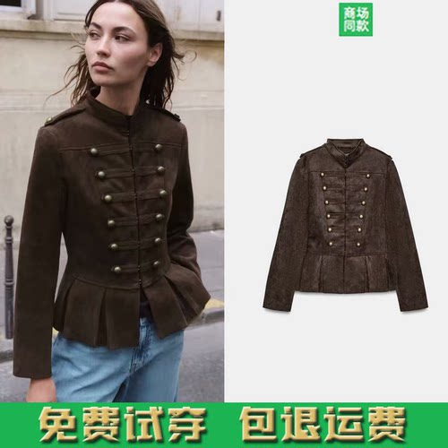 ZA家2026秋季立领海盗爷九分裙摆绒面质感拿破仑短外套女 3454650