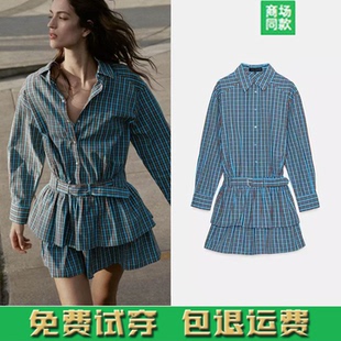 春季新款女装 辣妹风翻领长袖配腰带短款格纹蛋糕连衣裙 2200533