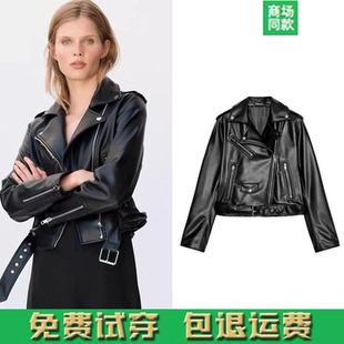 翻领拉链仿皮机车款 女装 夹克外套腰带不可拆皮衣3046064 新品 秋季